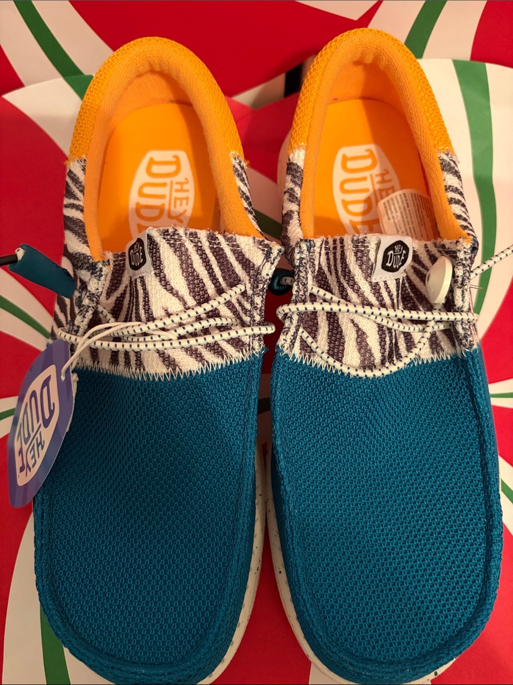 Hey Dude Teal Slip-On Loafers with Zebra Print and Orange Lining